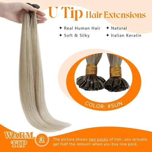 Vista 2 de Sunny Hair - Extensiones de cabello humano Remy U-tip, extensiones con puntas de queratina, ombré, rubio ceniza, balayage, rubio platinado