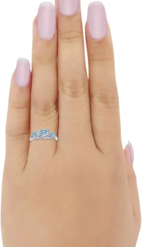 Vista 4 de Blue Apple Co. Anillo de boda con halo de 3 piedras, plata de ley 925 con circonita cúbica redonda simulada