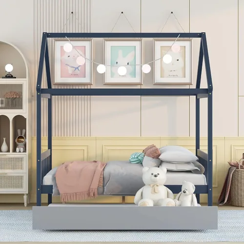 Vista 4 de Camas de casa matrimonial con nido para niños, marco de cama de madera para niñas y niños, no necesita resorte, tamaño matrimonial, azul