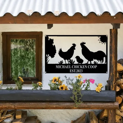 Vista 15 de Letrero de metal personalizado para gallinero, letrero de granja de pollo de metal personalizado, familia de pollo, EST, arte de pared, decoración