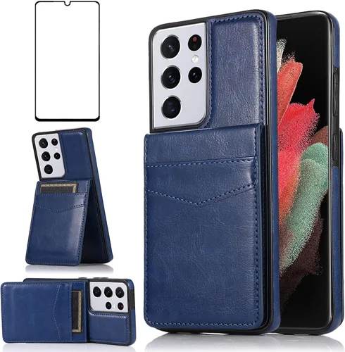 Vista 10 de Funda de teléfono para Samsung Galaxy S21 Ultra Glaxay S21ultra 5G con protector de pantalla de vidrio templado y tarjetero para tarjetas de Negro