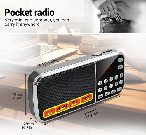 Vista 9 de Radios Pequeños Portátiles AM FM, Radio con Batería de Gran Capacidad Recargable, Ranura para Tarjeta TF Micro SD y USB, Reproducción MP3, Botones