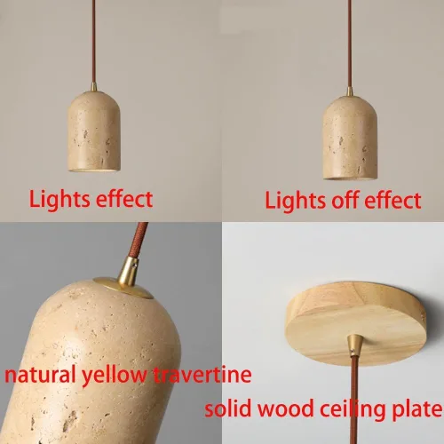 Vista 7 de Mini lámpara de isla de cocina, lámpara colgante de techo de cúpula de madera japonesa Wabi-Sabi con pantalla de travertino amarillo, lámpara