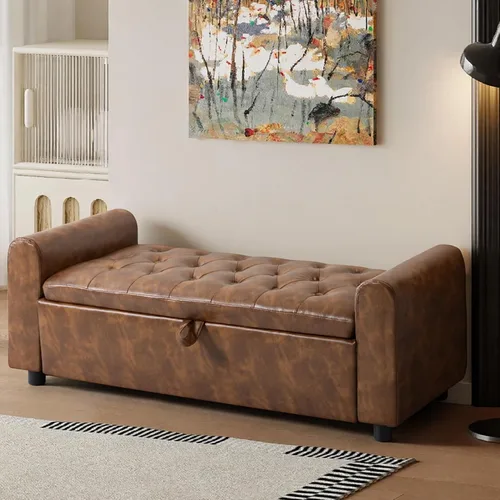 Vista 12 de 48" Ottoman with Storage, Tufted Storage Ottoman Bench, Convenient Living Room Fabrics Bench Seat, Entryway Shoe Benches with Inner Zipper & Arm