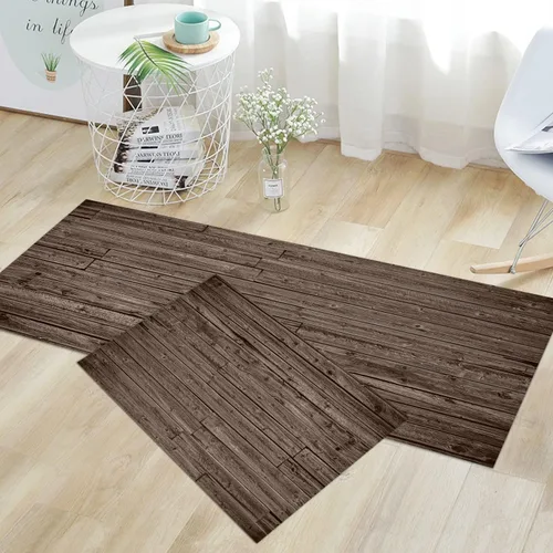 Vista 8 de GUBIYU Juego de 2 alfombras y tapetes de cocina de madera campestre, lavables, rústicas, tablones de madera marrón, alfombras de baño