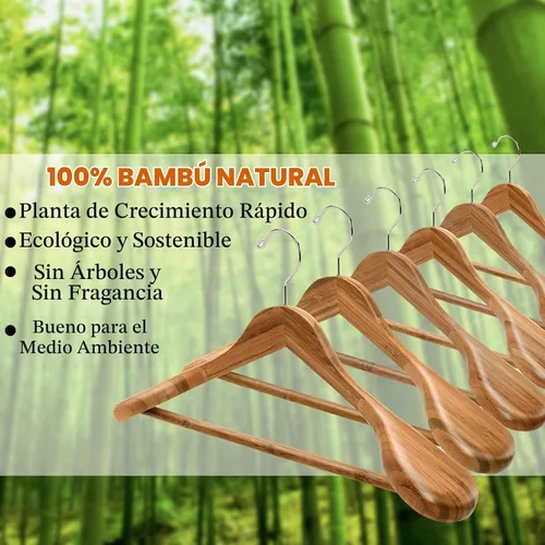 Vista 5 de Amber Home Paquete de 6 Perchas de Traje de Madera de Bambú Natural de Hombros Anchos, Perchas de Ropa de Bambú con Barra para Pantalones, Perchas
