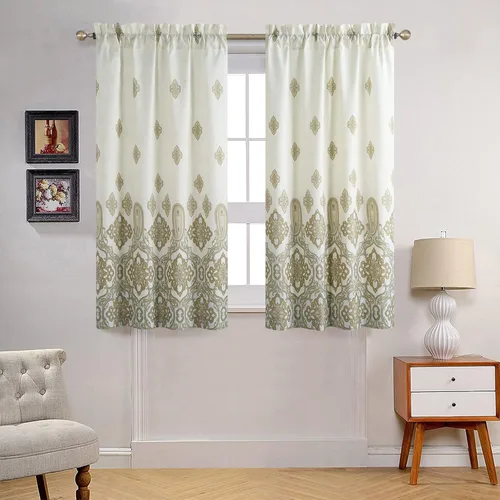 Vista 18 de Arlene - Cortina bohemia con borde bordado cosido azul para ventana, par de paneles de borlas blancas, cada uno de 42 pulgadas de ancho x 84