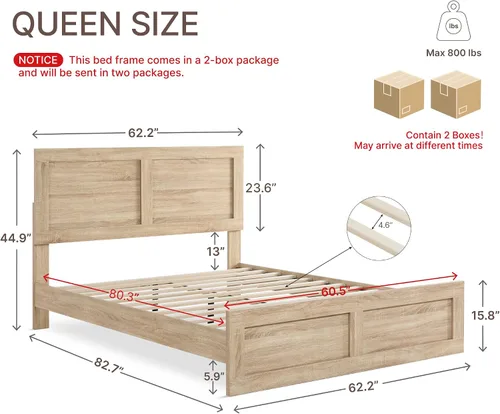 Vista 2 de KISLOT Base de cama de madera con cabecera y estribo, base de colchón de plataforma de madera con soporte silencioso de listones sin ruido,