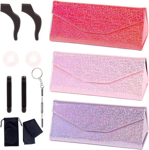 Vista 16 de ADBGV 3 fundas unisex rígidas para lentes, funda protectora para gafas, funda de gafas de sol con paño de limpieza A_negro+rosa+azul
