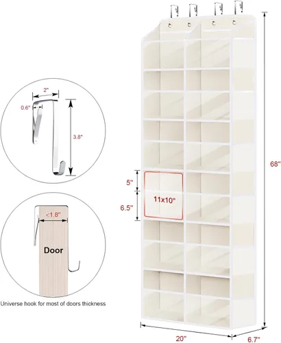Vista 2 de Univivi Organizador para colgar sobre la puerta, 6 niveles detrás de la puerta con bolsillos profundos transparentes, organizador colgante para Beige