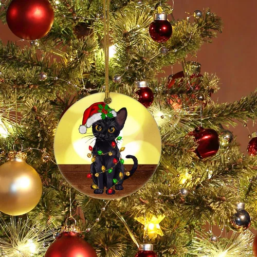 Vista 5 de Bonito adorno de cerámica de gato negro, divertidas decoraciones de Navidad para árbol, adorno colgante de Navidad para amantes de los gatos