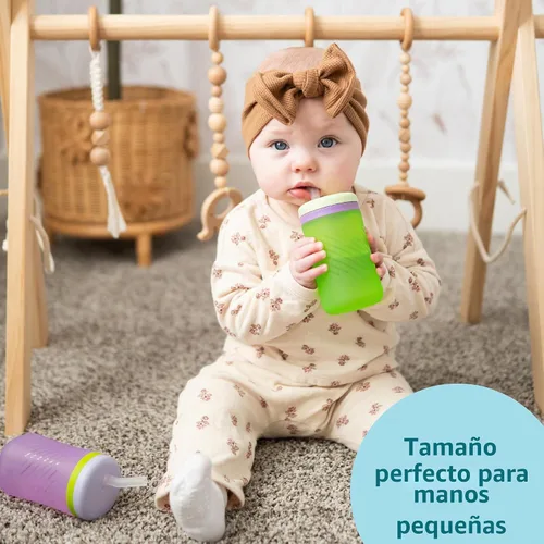 Vista 4 de The First Years Squeeze & Sip - Vaso con popote de silicona, color verde y morado Spill-Proof Toddler Training Cups, Dishwasher Safe, 7 oz, 2