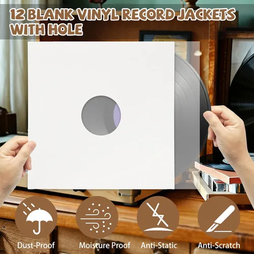Vista 4 de Paquete de 10 chaquetas de disco de vinilo blancas de 12 pulgadas, cubiertas de álbum LP pesadas de 350 GSM con agujero central, fundas de repuesto