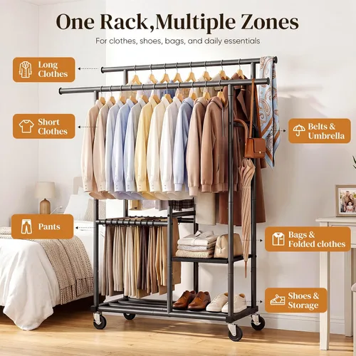 Vista 2 de HOKEEPER Clothes Rack, Double Rods Rolling Clothing Rack for Hanging Clothes, Portable Garment Rack with 3-Tier Storage Shelves, Free Standing