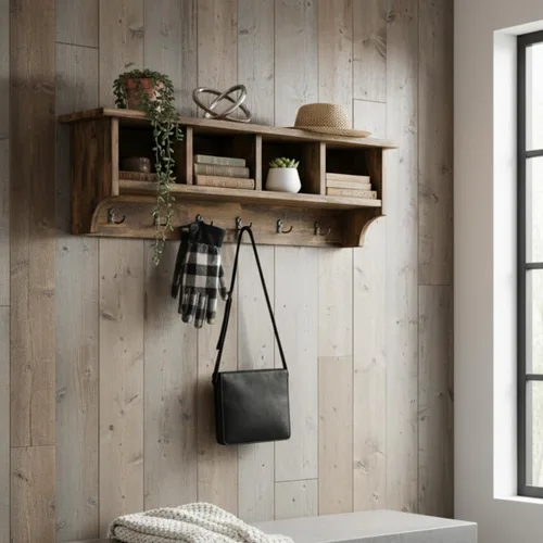 Vista 2 de Alaterre Furniture Perchero Industrial Pomona de 48 Pulgadas Montado en Pared con 6 Ganchos Resistentes y 4 Compartimentos Abiertos, Organizador