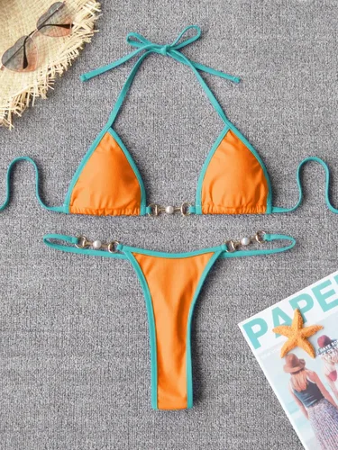 Vista 6 de TASHEHE Conjunto de bikini de dos piezas con tanga triangular acanalada para mujer