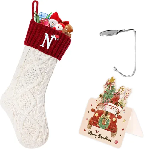 Vista 135 de Calcetines de Navidad con inicial A, 20 pulgadas, con iniciales bordadas para la familia, calcetín navideño tejido personalizado con monograma