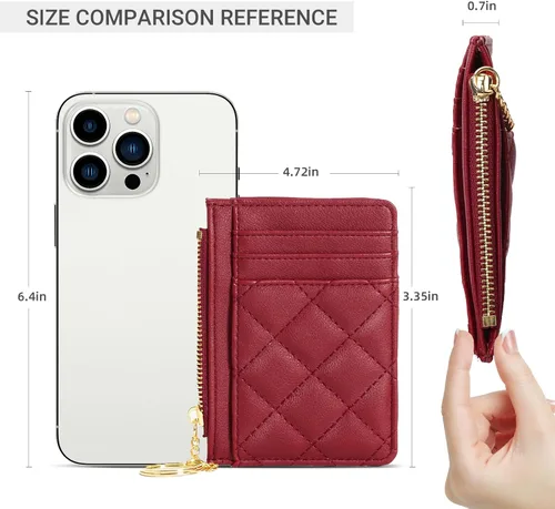 Vista 5 de Soporte para tarjetas de crédito, cartera delgada con llavero con bolsillo frontal para monedas, bolsillo frontal pequeño para mujer, color rojo