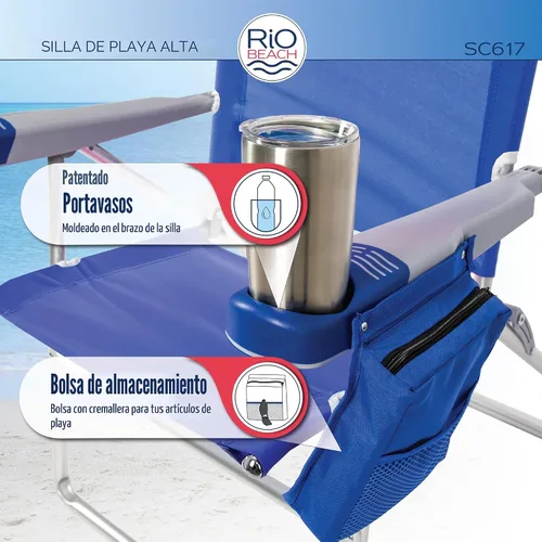 Vista 7 de Rio Brands Silla plegable de 17" de altura extendida con 4 posiciones para playa, camping y jardín, color azul/blanco/verde