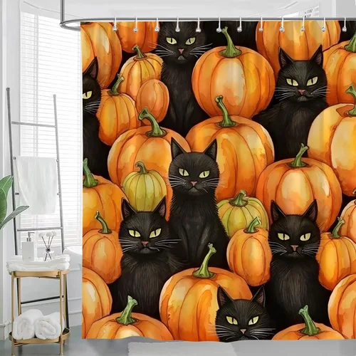 Vista 2 de Cortina de ducha de Halloween, gato negro en la calabaza, otoño, día de Acción de Gracias, cosecha, granja, decoración de baño, cortinas de 47 x 63
