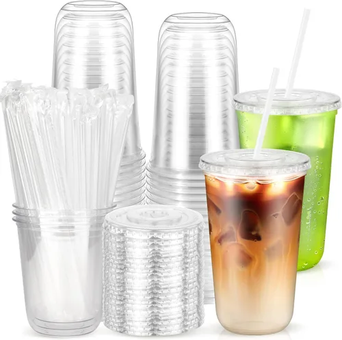 Vista 13 de Paquete de 25 vasos desechables de plástico transparente con tapas y pajitas, tazas de café helado de fondo redondo de 12 onzas, tazas de bebidas