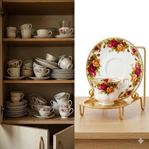 Vista 6 de HOHIYA Soporte de exhibición dorado para tazas y platillos de té para 6 tazas, organizador de mesa decorativo para tazas de China, tazas y platos