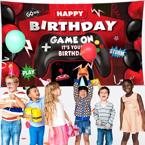Vista 6 de Sumind Telón de fondo de videojuegos de feliz cumpleaños, decoración de fiesta de videojuegos, telón de fondo de cumpleaños para niños, fondo