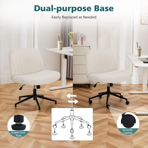 Vista 7 de Silla cruzada con ruedas, asiento ergonómico giratorio sin brazos, cómodo asiento de tocador, respaldo ancho y altura ajustable para hogar, oficina