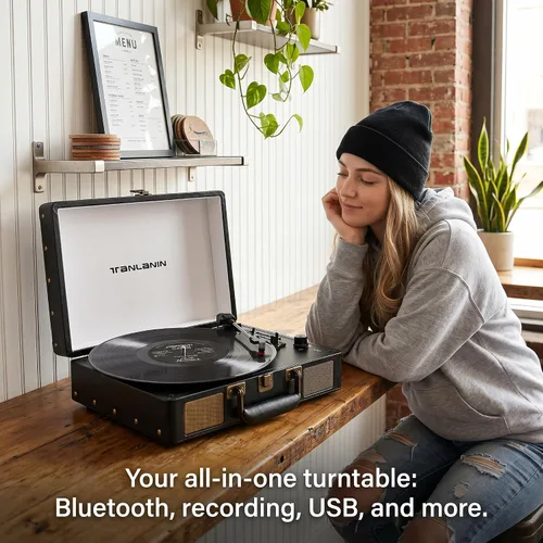 Vista 4 de Reproductor de discos de vinilo con altavoces integrados, tocadiscos de entrada Bluetooth de 3 velocidades, grabación y reproducción USB/TF