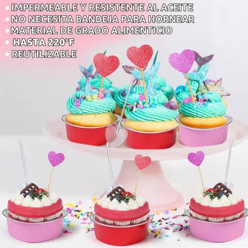 Vista 3 de El juego de 300 moldes para tartas de corazón incluye 3.4 onzas de aluminio desechable de San Valentín, molde para hornear postres, cuchara de Rojo