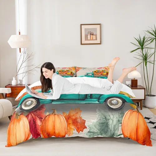 Vista 2 de Fall Harvest Kids Duvet Cover Set Twin Size,Cartoon Truck Pumpkin Sunflower Bedding Set,Boys Girls Bedroom Decor,Wooden Plank Maple Comforter