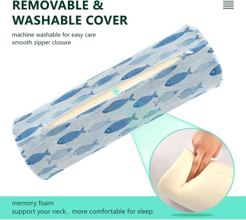 Vista 4 de Gredecor Neck Roll Pillow for Sleep, Blue Fish on White (6) Cervical Memory Foam Pillows Cylinder Bolster Pillow, Pain Relief Neck Pillows
