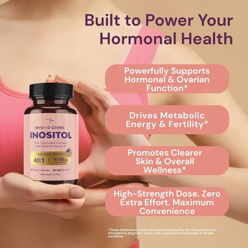Vista 2 de QSTA Suplemento de mio-inositol y D-Chiro inositol para mujeres 4100 mg (proporción 40:1) - Soporte hormonal y metabólico 9 en 1 con folato