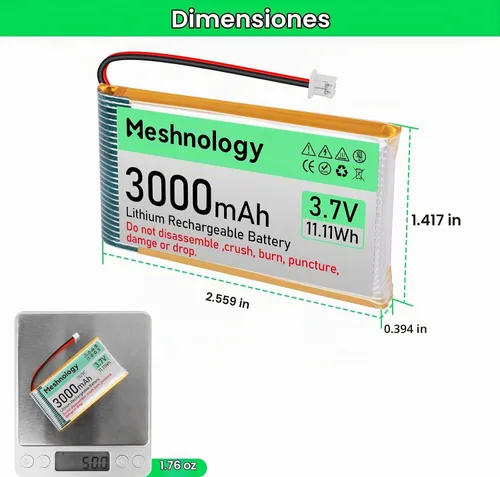 Vista 3 de Batería Li de 3.7 V 3000 mAh con cable de cargador USB 103665 1S Batería LiPo con placa de protección, cinta de goma aislada y enchufe micro JST