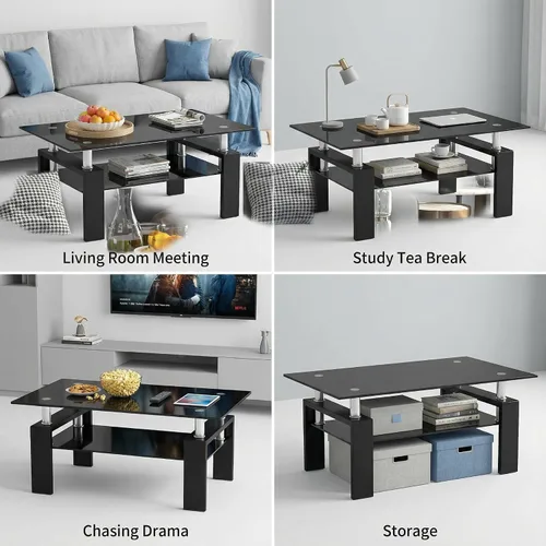 Vista 6 de Mesa de centro de vidrio rectangular Meihua de 2 niveles, mesa de té moderna, mesa auxiliar de café para sala de estar (todo negro)