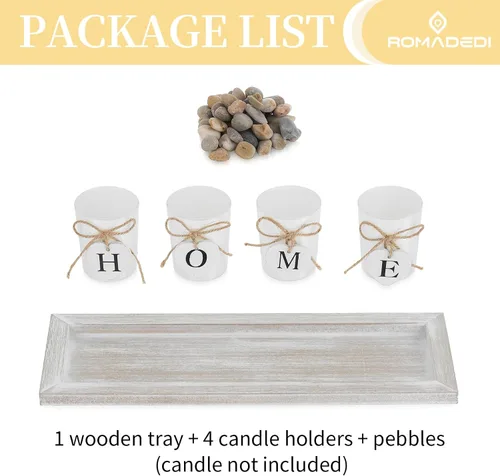Vista 6 de Romadedi Portavelas Decorativo de Centro de Mesa Estilo Granja - Bandeja de Madera Rústica con 4 Portavelas de Vidrio para Velas de Té para Mesa