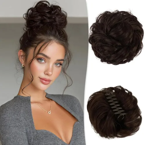 Vista 7 de RUWISS Extensiones de cabello humano real, ondulado y rizado, moño despeinado, cola de caballo para mujer (12H24# castaño rojo/rubio mediano)