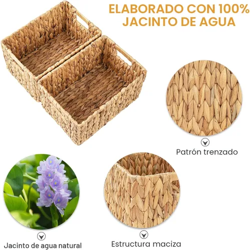 Vista 4 de Cestas rectangulares de mimbre de jacinto de agua, cesta de mimbre de 12 pulgadas, paquete de 2 cestas de almacenamiento tejidas con asas