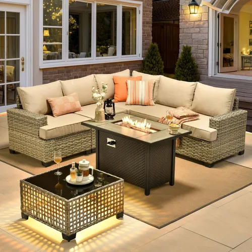 Vista 69 de HOOOWOOO Juego de muebles seccionales de patio con mesa de luz solar, 6 piezas de mimbre para exteriores, sofá en forma de L, juego de conversación