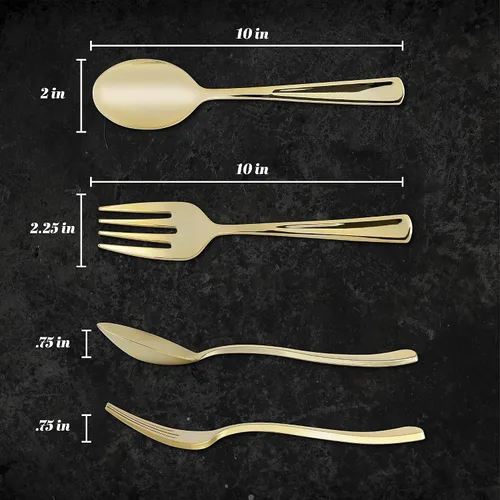 Vista 6 de Plasticpro Utensilios desechables de plástico dorado para servir, 6 tenedores y 6 cucharas, utensilios de servicio duraderos y resistentes, color Oro