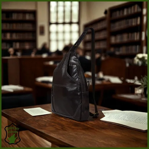 Vista 3 de Coyote Bay® HideSling - Bolso bandolera de cuero de grano completo para laptop, bolso bandolera grande, mochila de cuero para hombres y mujeres