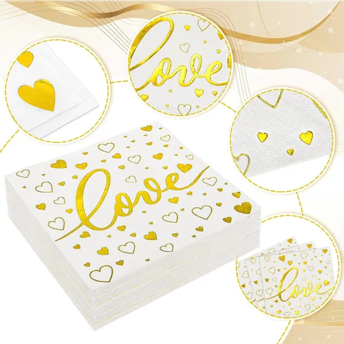 Vista 3 de Whaline Paquete de 80 servilletas desechables para el día de San Valentín, servilletas desechables doradas con estampado de corazón de amor