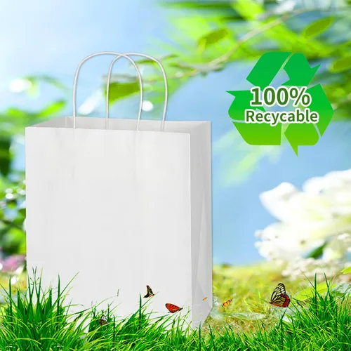 Vista 8 de Toovip Cada paquete de 100 bolsas pequeñas de papel kraft marrón y blanco medio con asas a granel