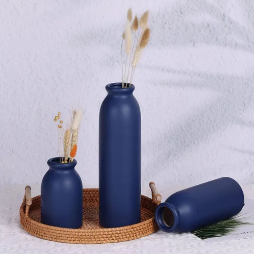 Vista 7 de Juego de 3 jarrones de cerámica azul marino decorativos para centros de mesa, granja y decoración del hogar, ideal para sala de estar, cocina