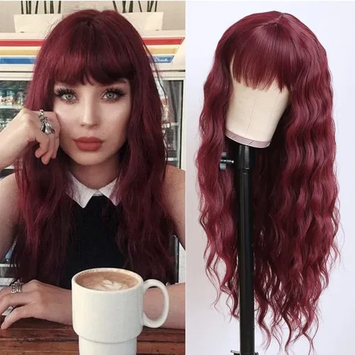 Vista 28 de QD-Tizer Pelucas sintéticas de color rubio ceniza con flequillo, pelucas de cabello largo y lacio, sin pegamento, pelucas sintéticas sin encaje