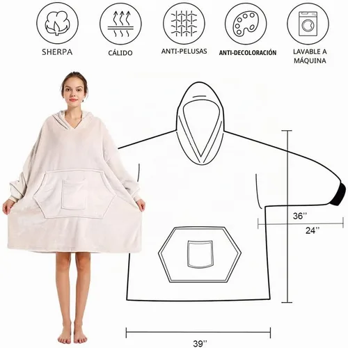 Vista 2 de REDESS Blanket Hoodie Sweatshirt, Wearable Blanket Oversized Sherpa Hoodie Beige