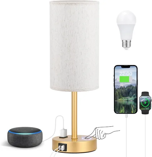 Vista 29 de Fenmzee Juego de lámparas de mesa pequeñas táctiles regulables de 2 a 3 vías, carga USB A + C, salida de CA, base de grano de madera, bombillas