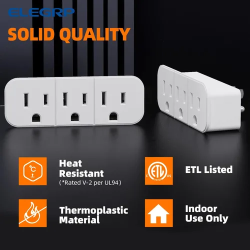Vista 4 de ELEGRP Extensor de triple salida, pestaña de pared con conexión a tierra de 3 puntas, enchufe adaptador de enchufe múltiple con 3 tomas de corriente