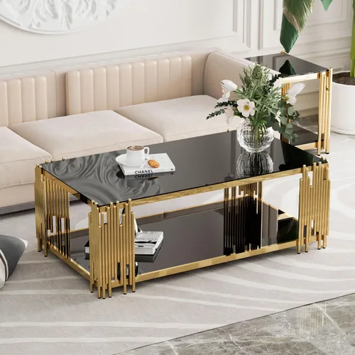 Vista 11 de Mesa de centro de cristal negro de 43 pulgadas, mesa moderna para sala de estar, acero inoxidable dorado, patas de metal, rectangular, de vidrio