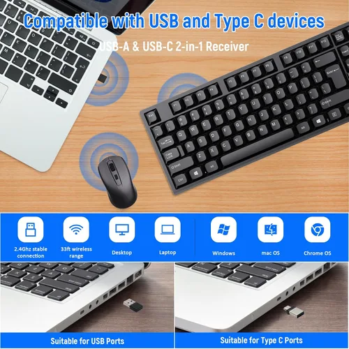 Vista 3 de Combo de teclado y mouse inalámbricos, diseño QWERTY de tamaño completo, teclado estéreo de 2.4 G, diseñado ergonómicamente para laptop, PC
